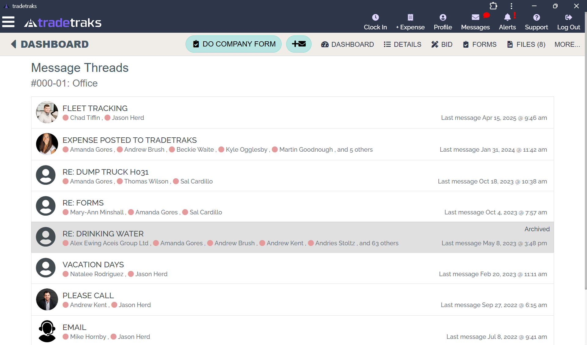 ComsTrak Real Time Project Specific Messaging dashboard